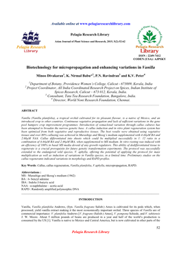 Biotechnology for Micropropagation and Enhancing Variations in Vanilla