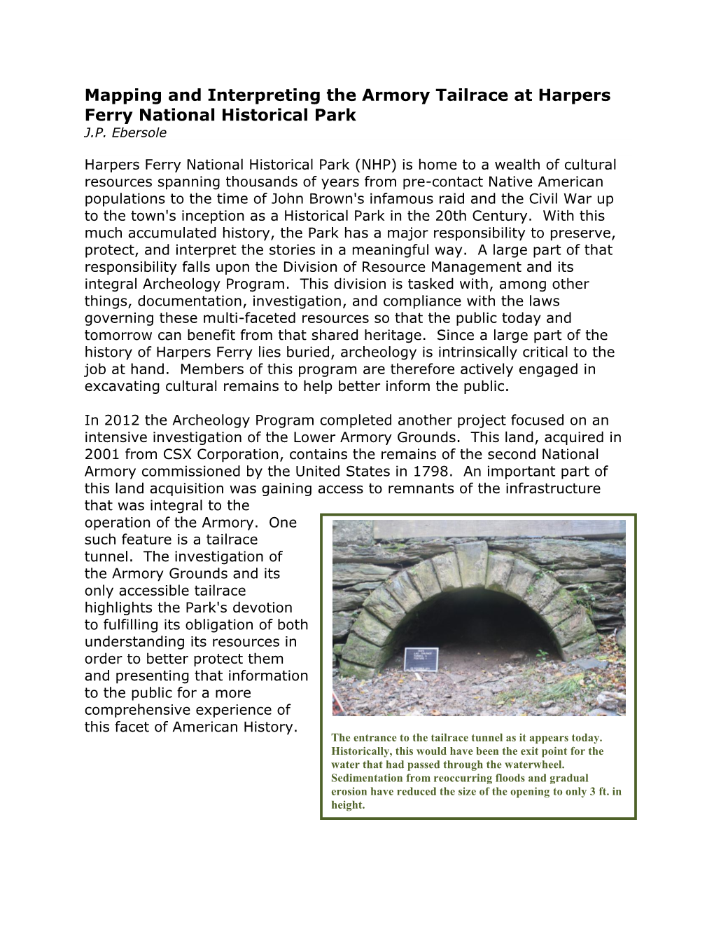 Mapping and Interpreting the Armory Tailrace at Harpers Ferry National Historical Park J.P