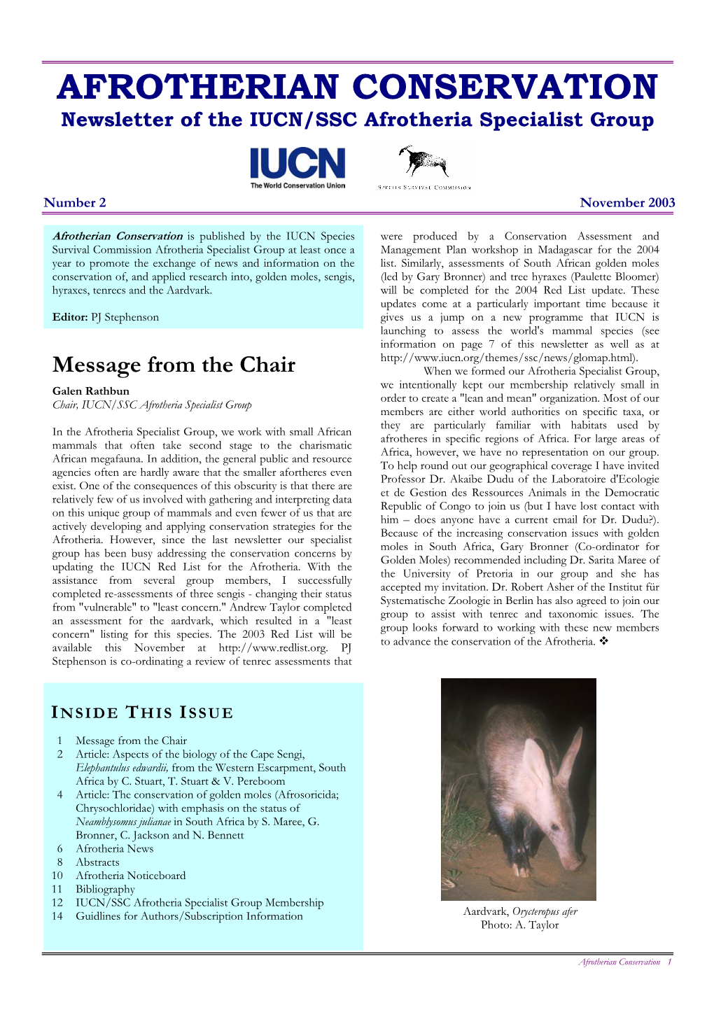 AFROTHERIAN CONSERVATION Newsletter of the IUCN/SSC Afrotheria Specialist Group