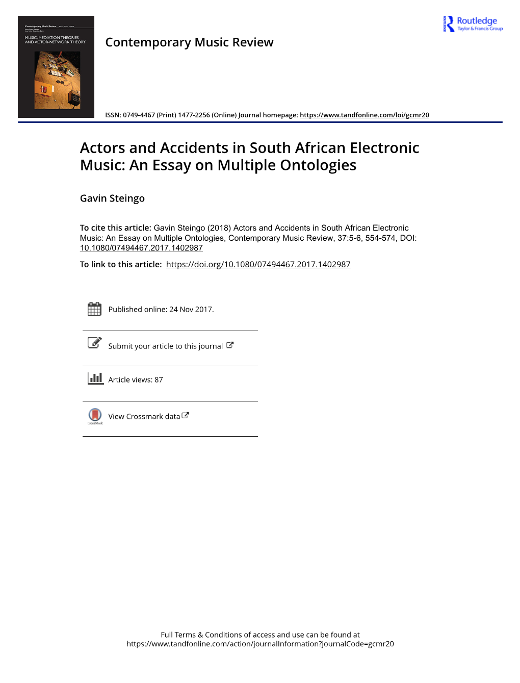 Actors and Accidents in South African Electronic Music: an Essay on Multiple Ontologies