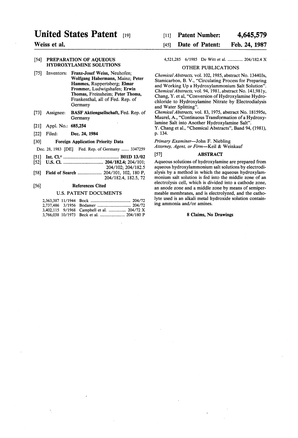 United States Patent (19) 11 Patent Number: 4,645,579 Weiss Et Al