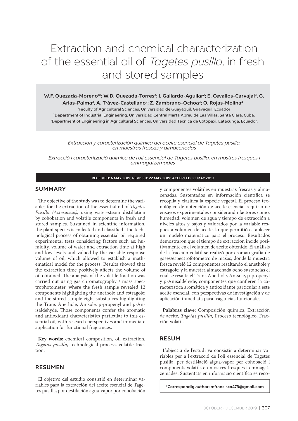 Extraction and Chemical Characterization of the Essential Oil of Tagetes Pusilla, in Fresh and Stored Samples