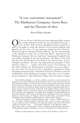 The Manhattan Company, Aaron Burr, and the Election of 1800