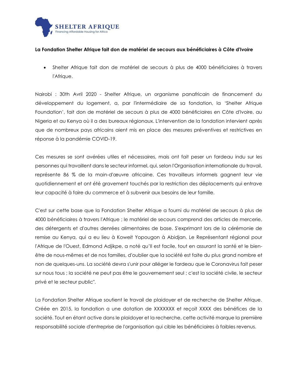 La Fondation Shelter Afrique Fait Don De Matériel De Secours Aux Bénéficiaires À Côte D'ivoire