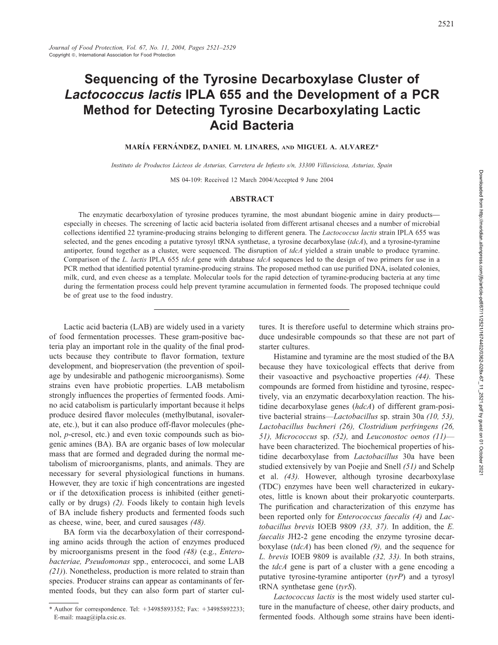 Sequencing of the Tyrosine Decarboxylase