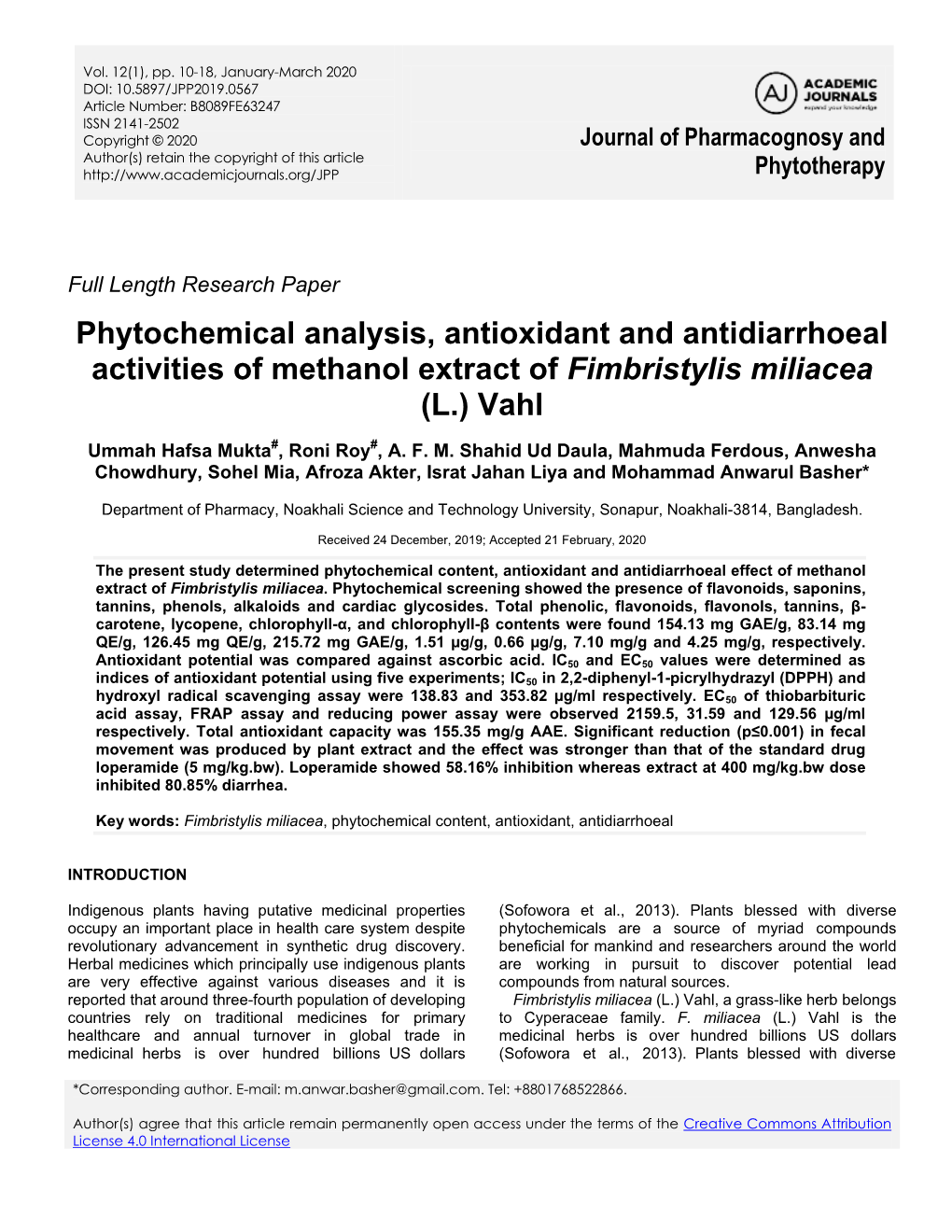 Phytochemical Analysis, Antioxidant and Antidiarrhoeal Activities of Methanol Extract of Fimbristylis Miliacea (L.) Vahl