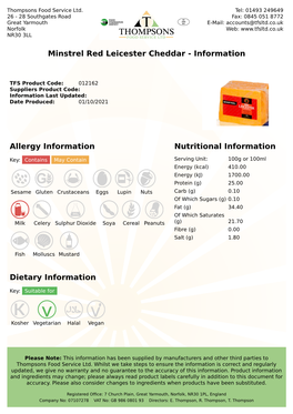 Minstrel Red Leicester Cheddar - Information