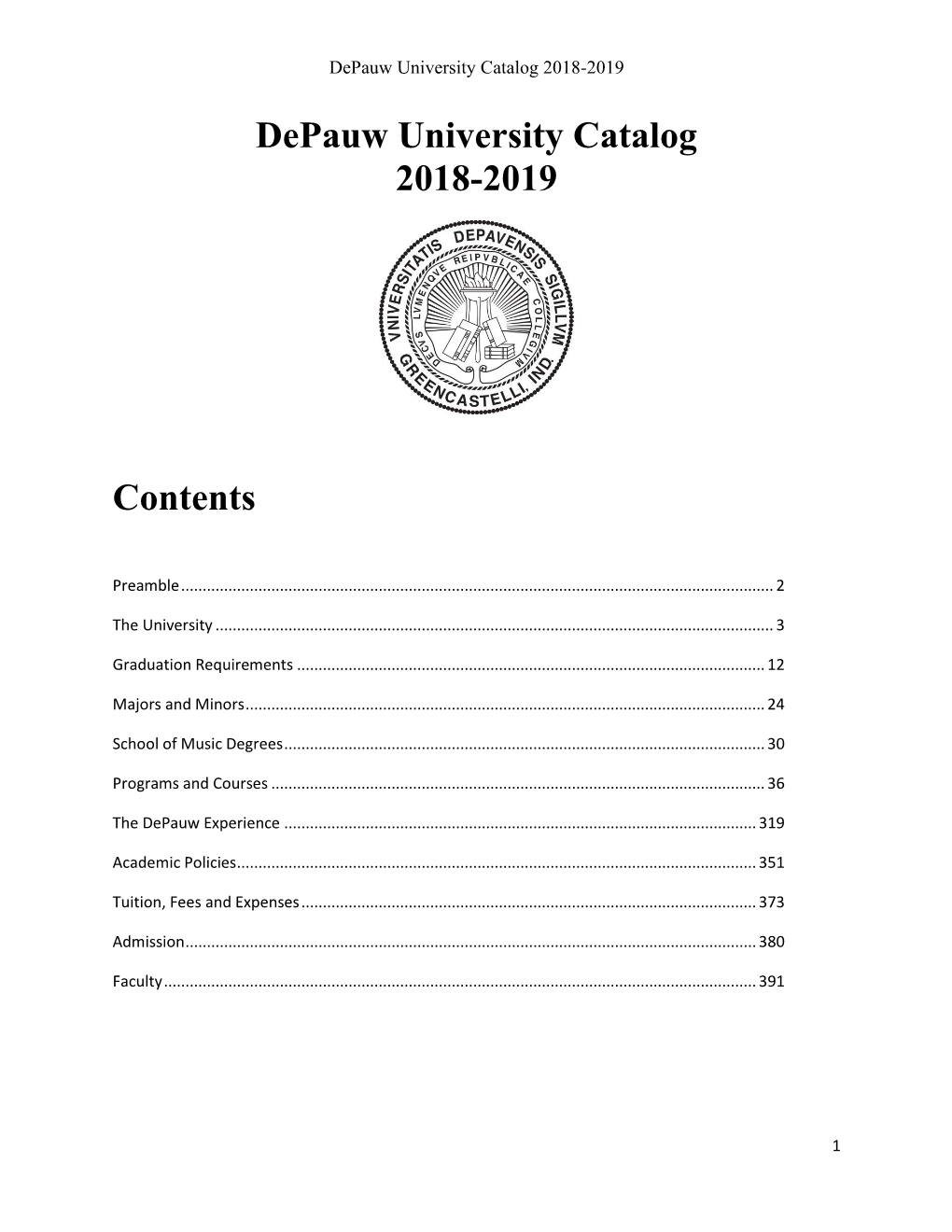 Depauw University Catalog 2018-2019 Contents