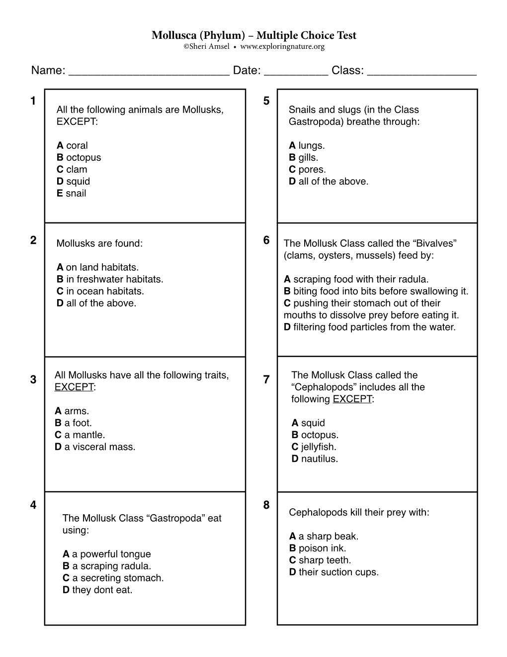 Mollusca (Phylum) – Multiple Choice Test Name - DocsLib