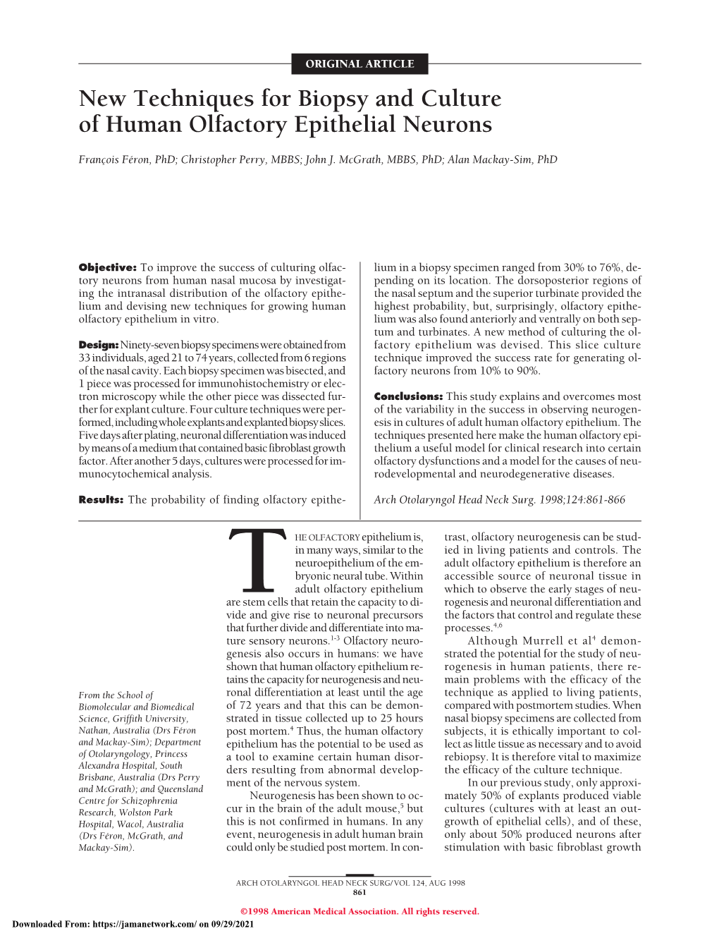 New Techniques for Biopsy and Culture of Human Olfactory Epithelial Neurons