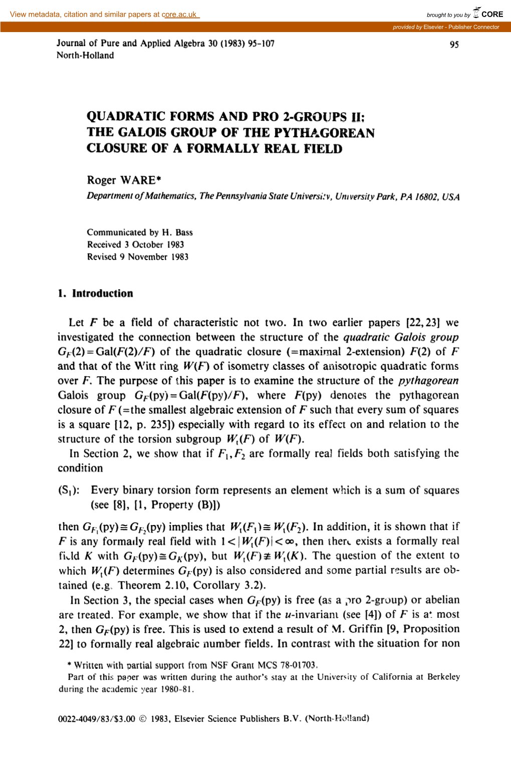 Quadratic Forms and Pro 29 the Galois G Oup of the Pyt Closure of a Formally Real Field