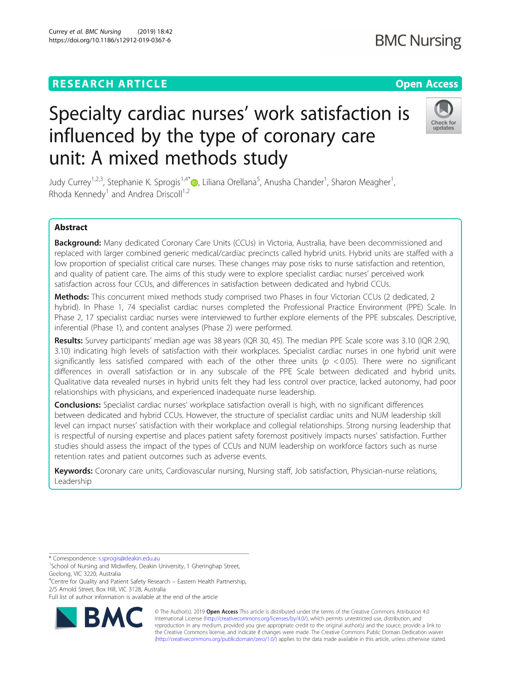 Specialty Cardiac Nurses' Work Satisfaction Is Influenced by the Type