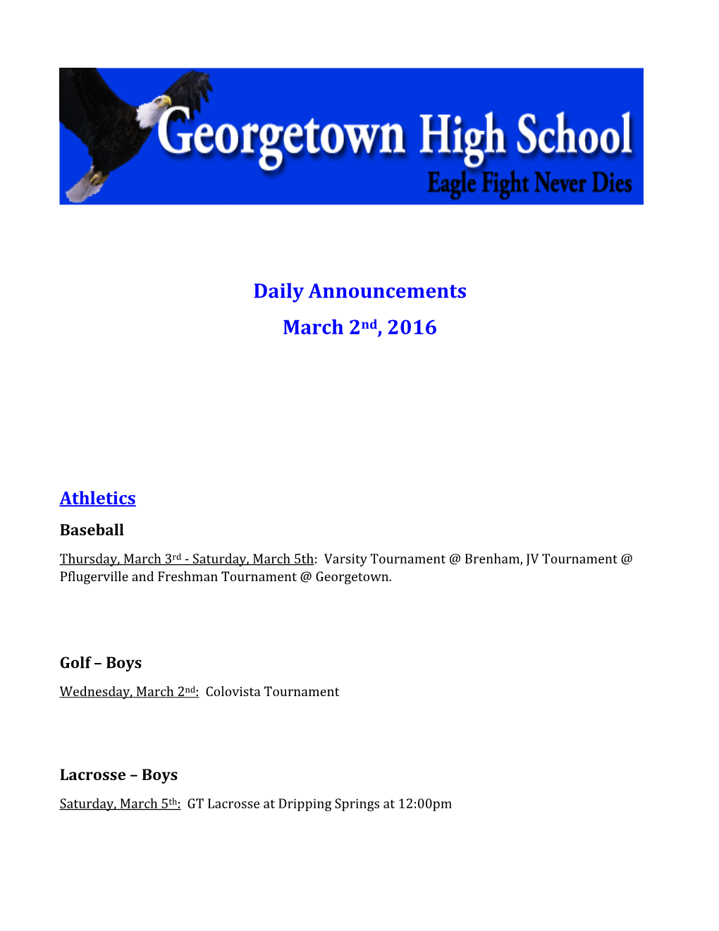 Daily Announcements March 2Nd, 2016