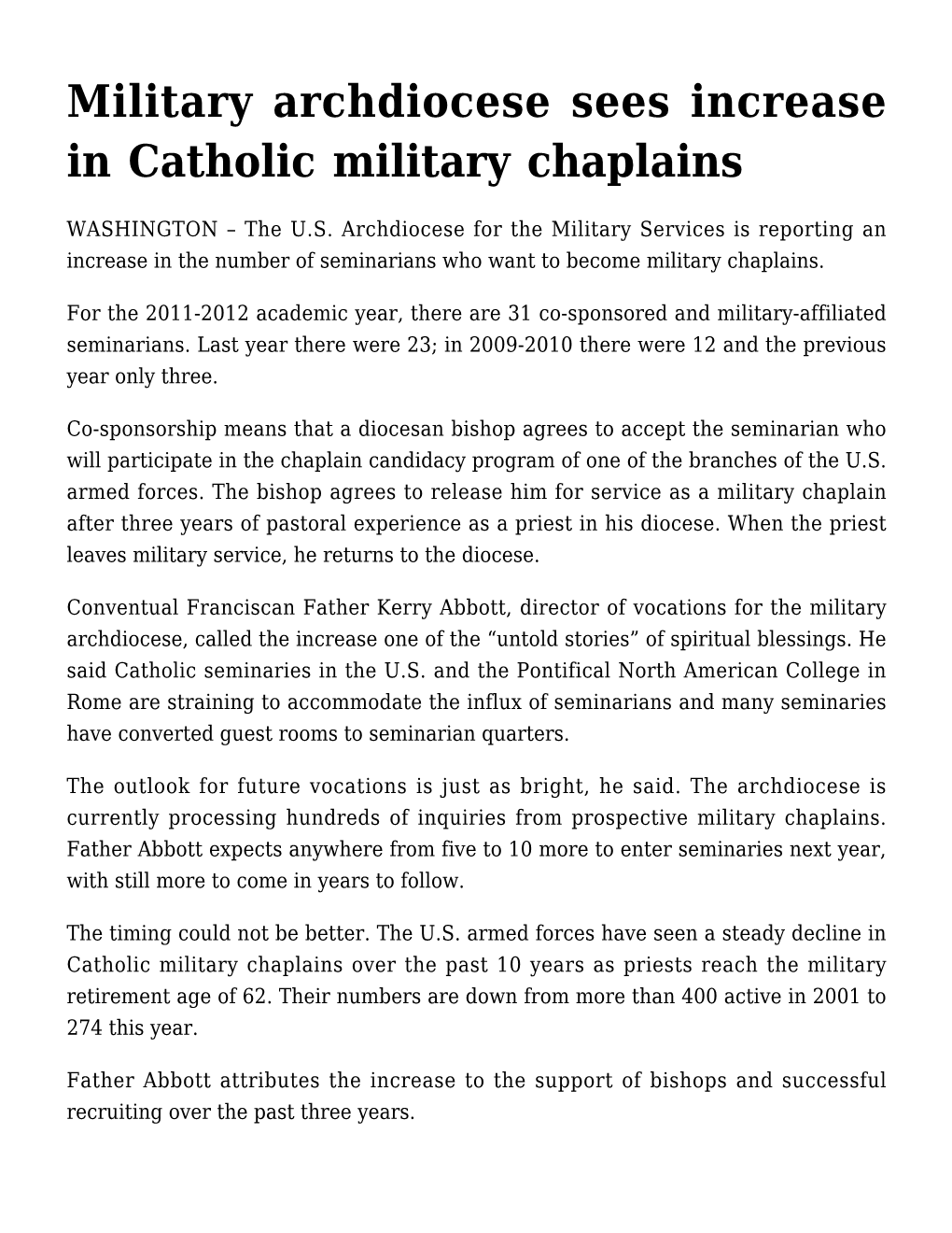 Military Archdiocese Sees Increase in Catholic Military Chaplains