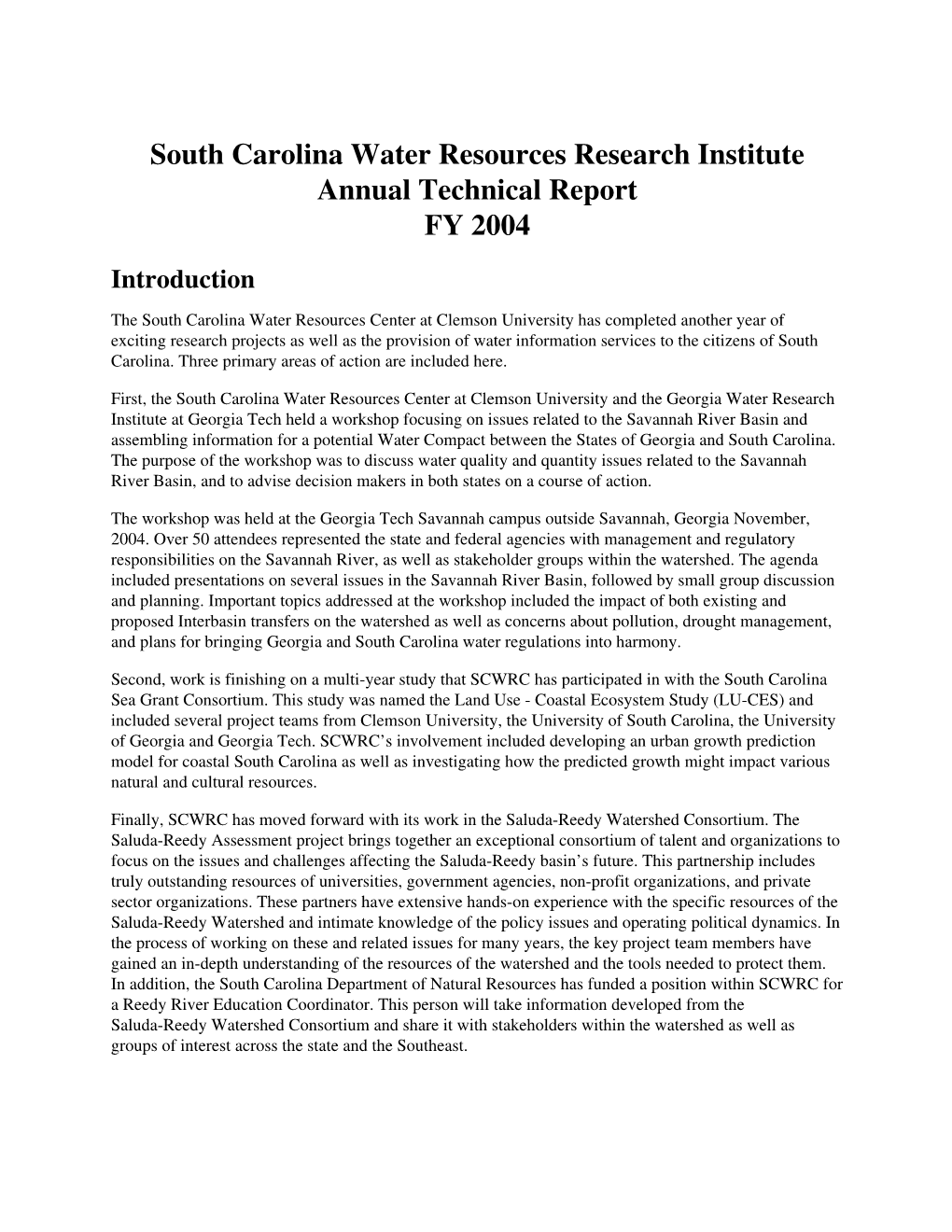 South Carolina Water Resources Research Institute Annual