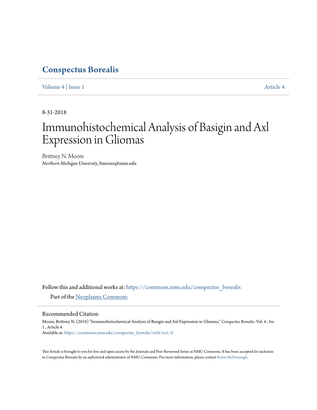 Immunohistochemical Analysis of Basigin and Axl Expression in Gliomas Brittney N