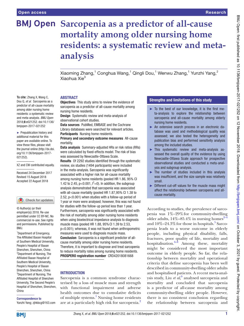 Sarcopenia As a Predictor of All-Cause Mortality Among Older Nursing Home Residents: a Systematic Review and Meta- Analysis