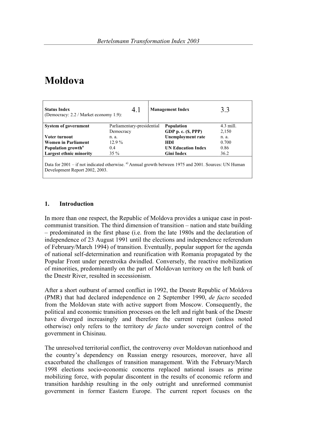 Moldova Country Report BTI 2003