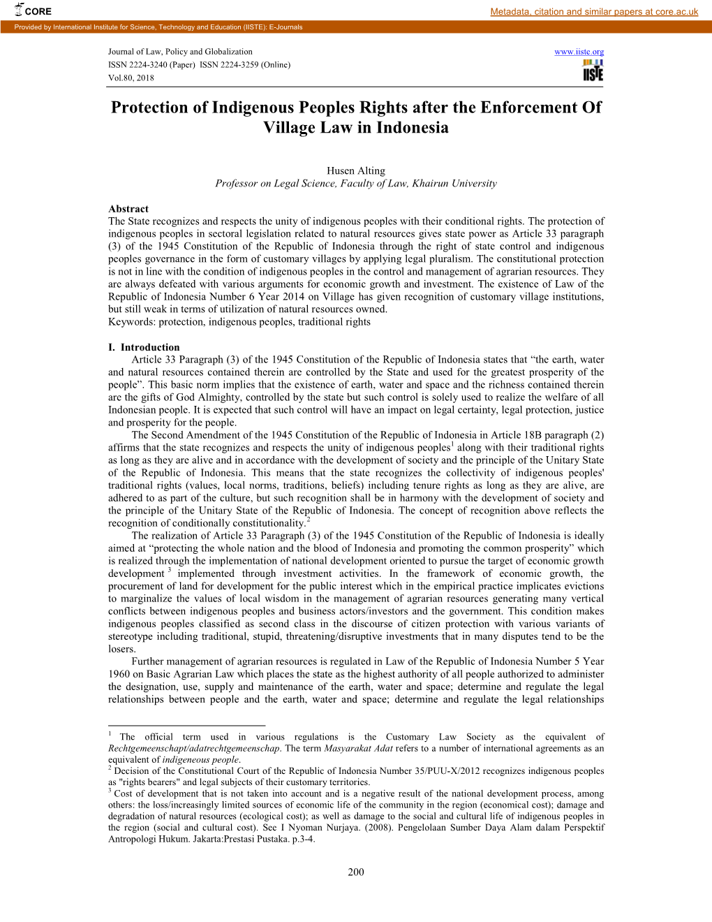 Protection of Indigenous Peoples Rights After the Enforcement of Village Law in Indonesia