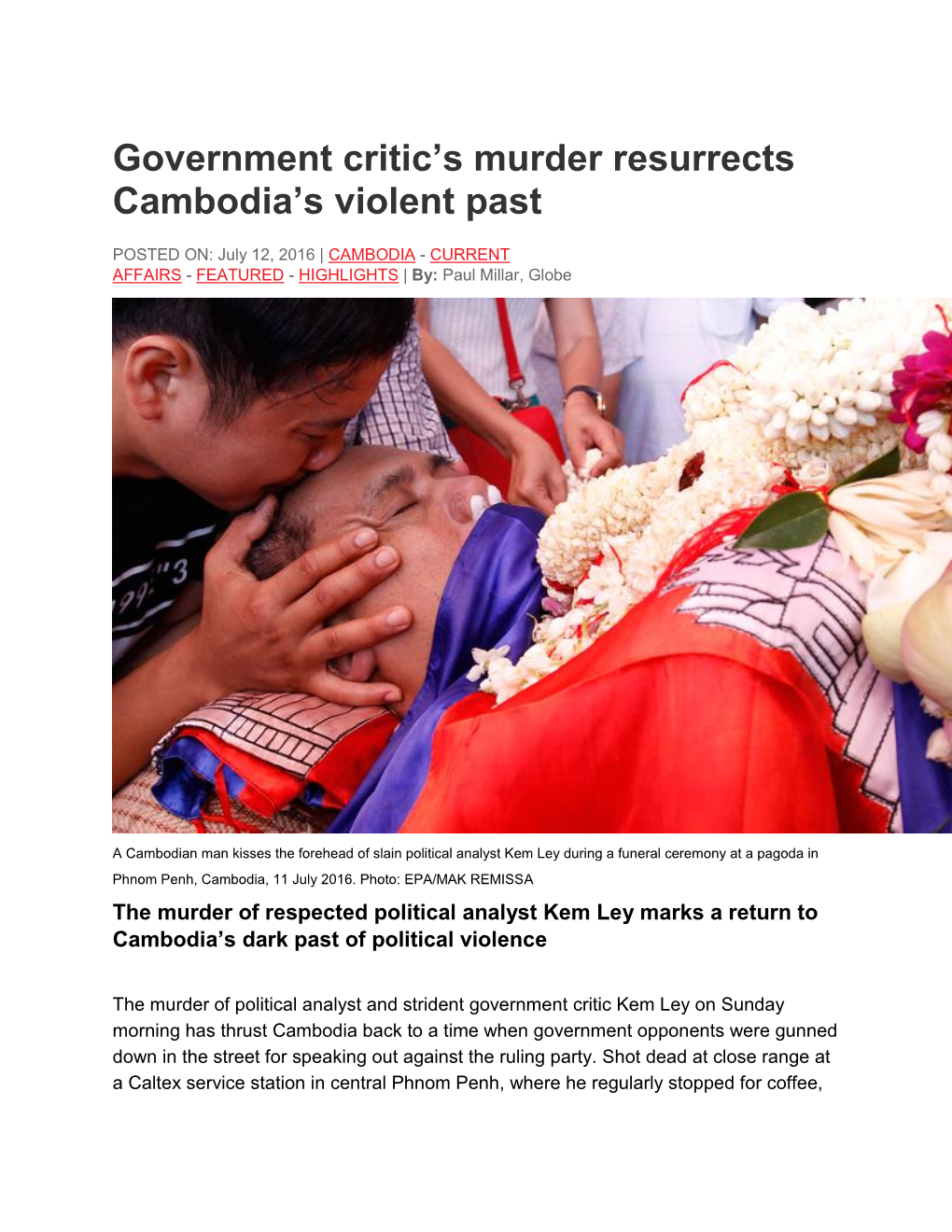 Government Critic's Murder Resurrects Cambodia's Violent Past
