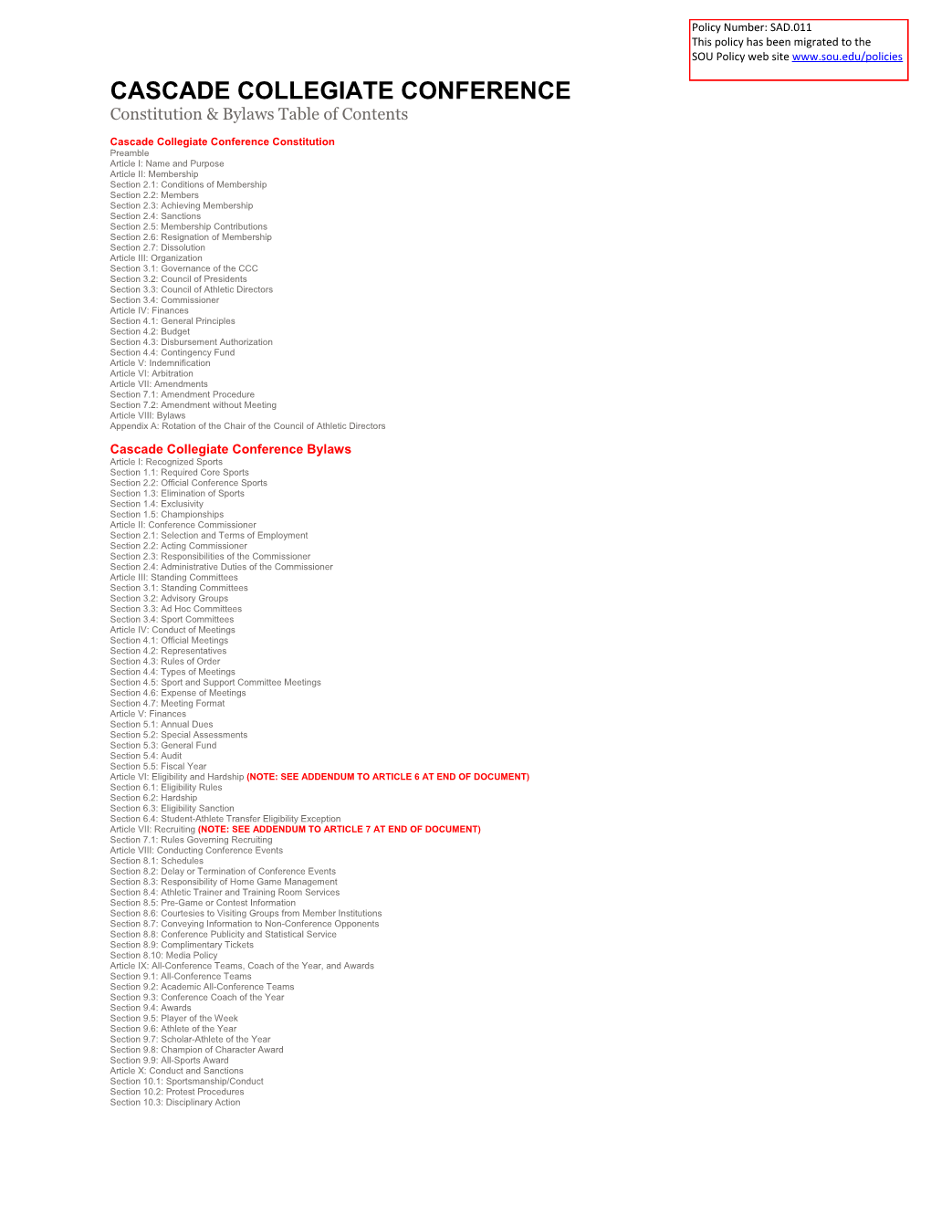 SAD.011 Cascade Collegiate Conference Constitution & Bylaws