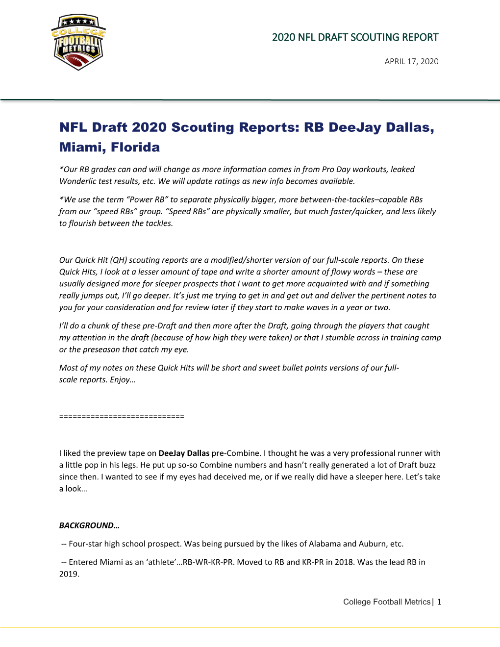 NFL Draft 2020 Scouting Reports: RB Deejay Dallas, Miami, Florida