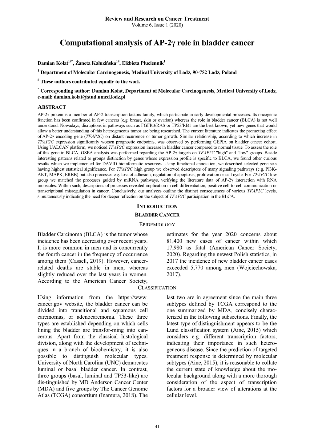 Computational Analysis of AP-2Γ Role in Bladder Cancer