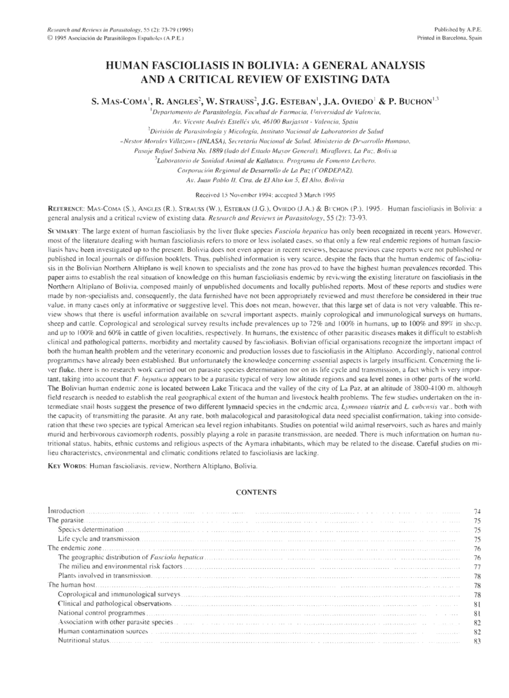 Human Fascioliasis in Bolivia: a General Analysis and Acriticalreview of Existing Data