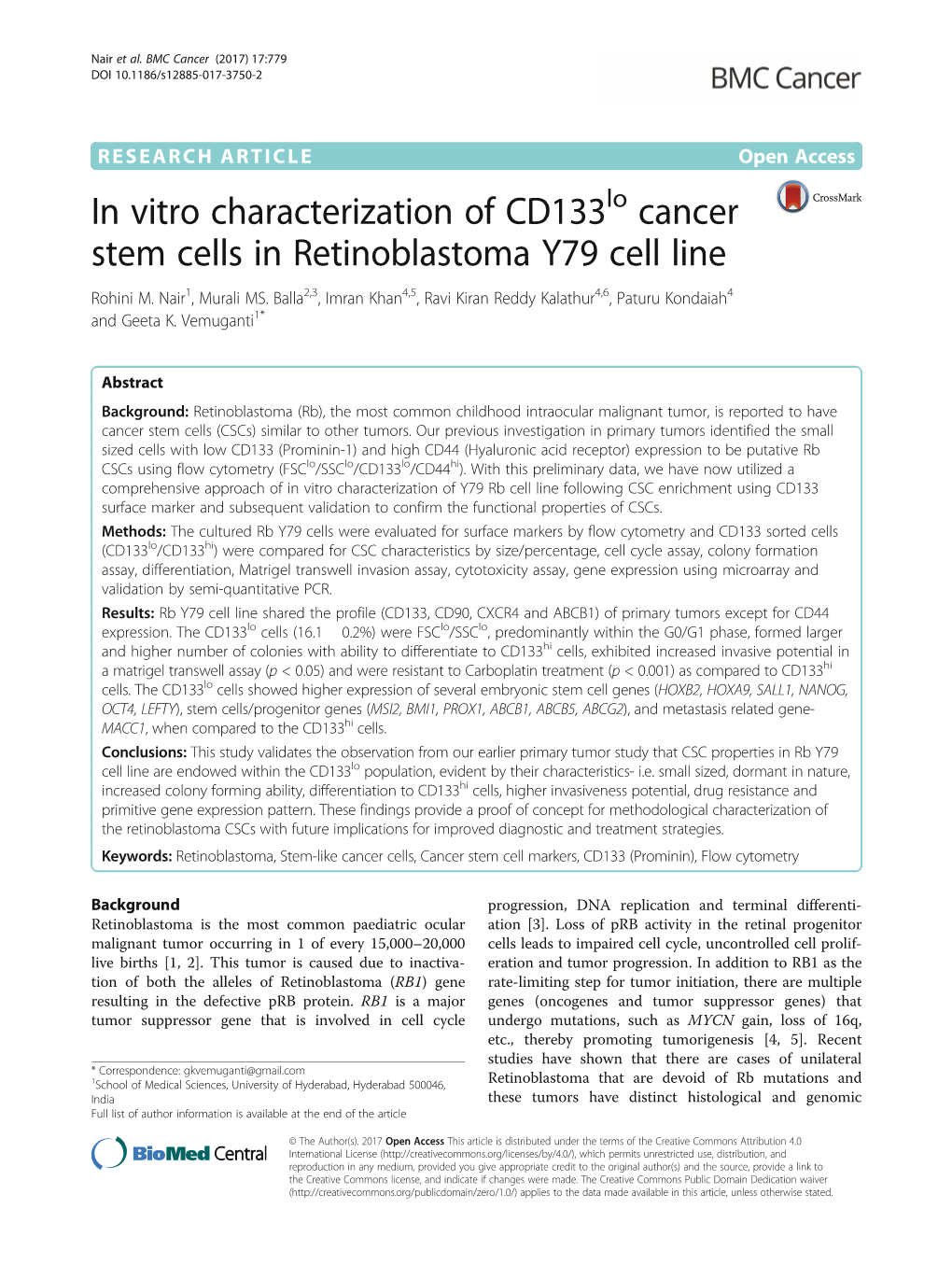 In Vitro Characterization of Cd133lo Cancer Stem Cells in Retinoblastoma Y79 Cell Line Rohini M