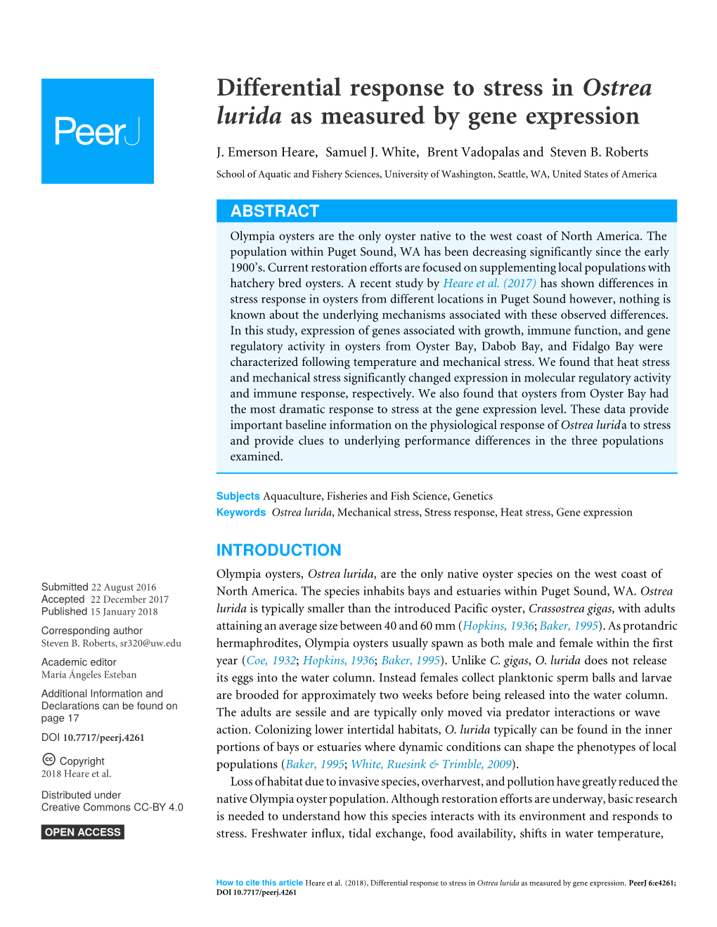 Differential Response to Stress in Ostrea Lurida As Measured by Gene Expression