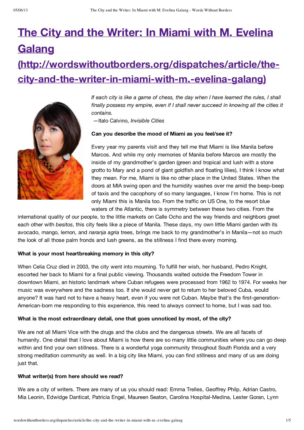 The City and the Writer: in Miami with M. Evelina Galang - Words Without Borders