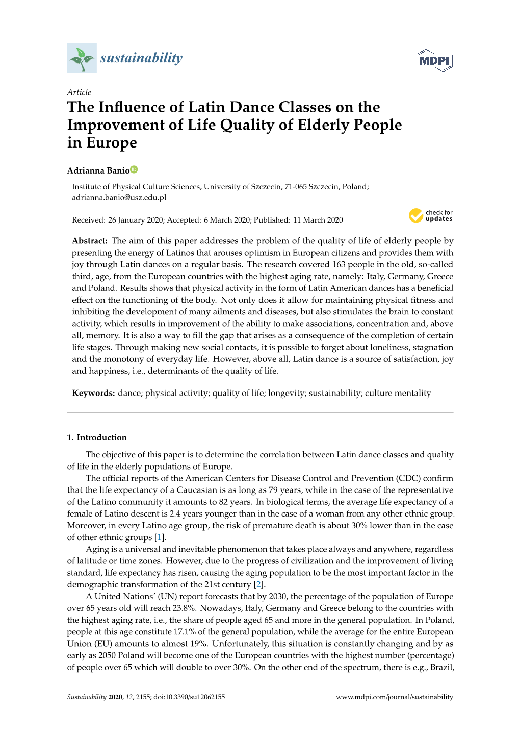 The Influence of Latin Dance Classes on the Improvement of Life Quality