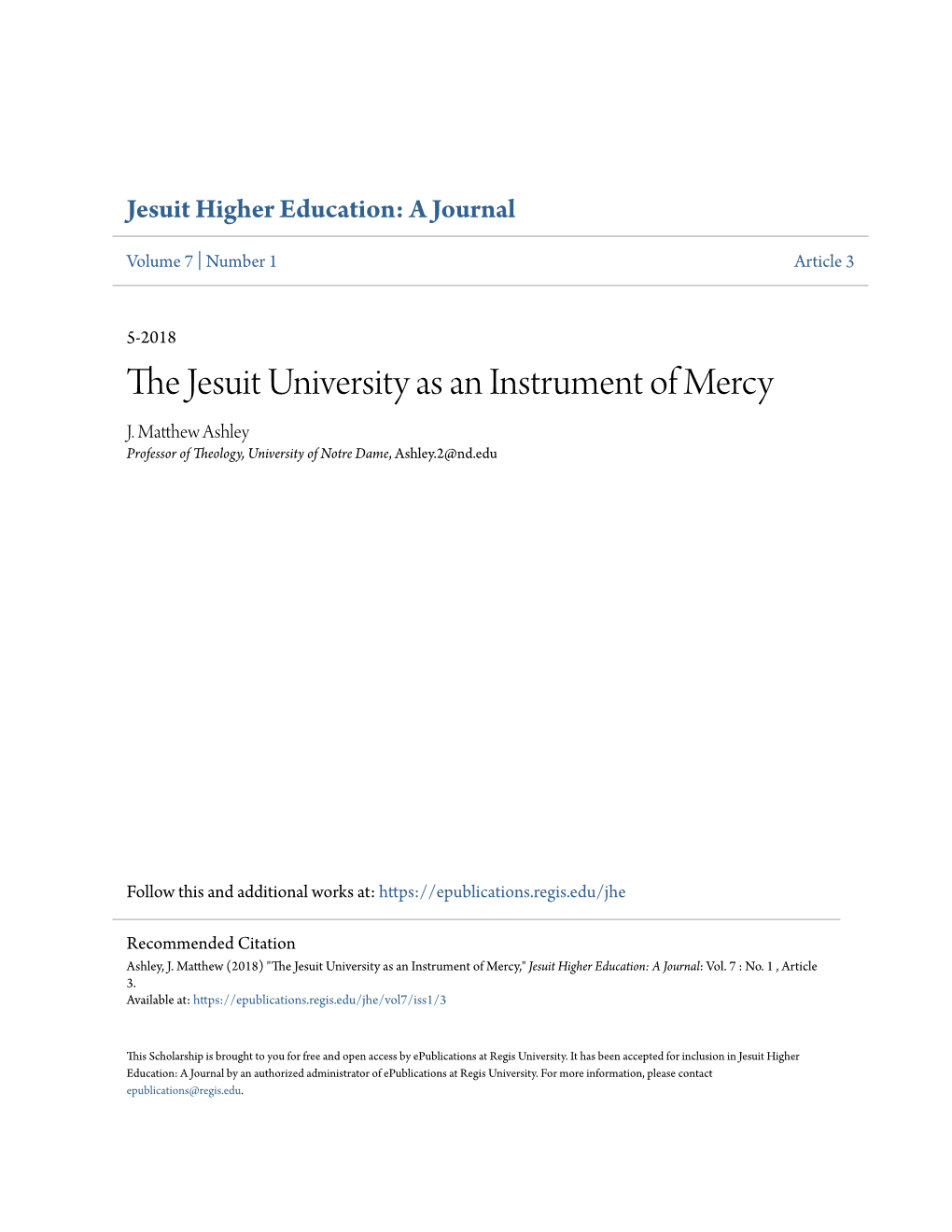 The Jesuit University As an Instrument of Mercy