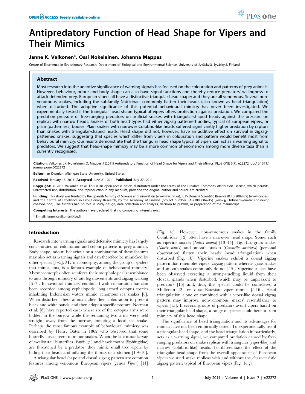 Antipredatory Function of Head Shape for Vipers and Their Mimics