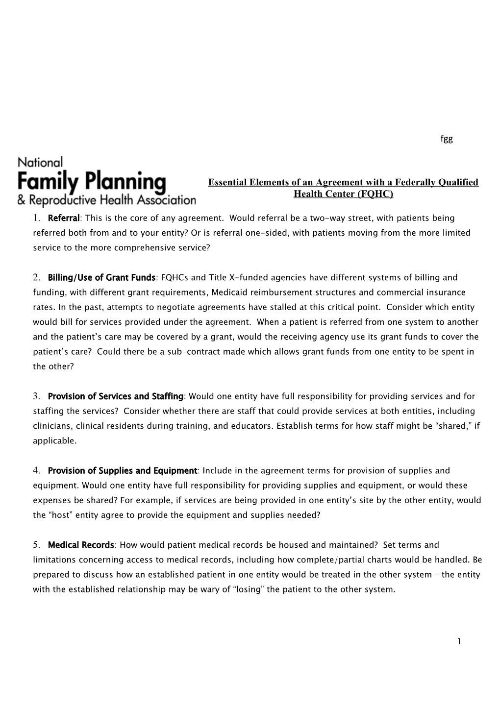 Essential Elements of an Agreement with a Federally Qualified Health Center (FQHC)