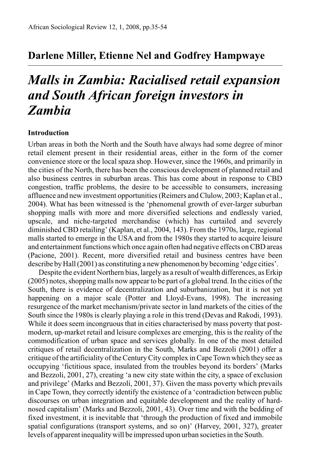 Malls in Zambia: Racialised Retail Expansion and South African Foreign Investors in Zambia