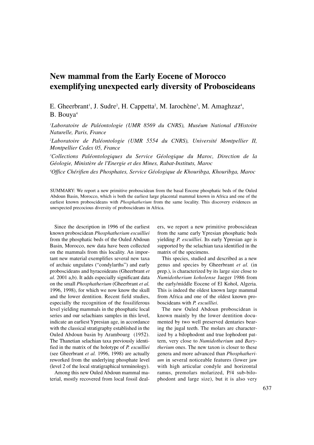 New Mammal from the Early Eocene of Morocco Exemplifying Unexpected Early Diversity of Proboscideans