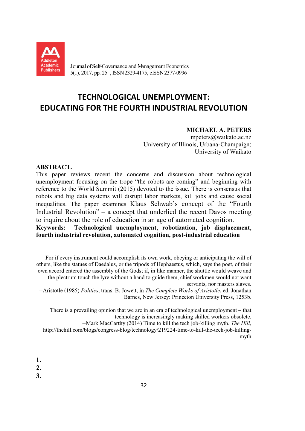 Technological Unemployment: Educating for the Fourth Industrial Revolution