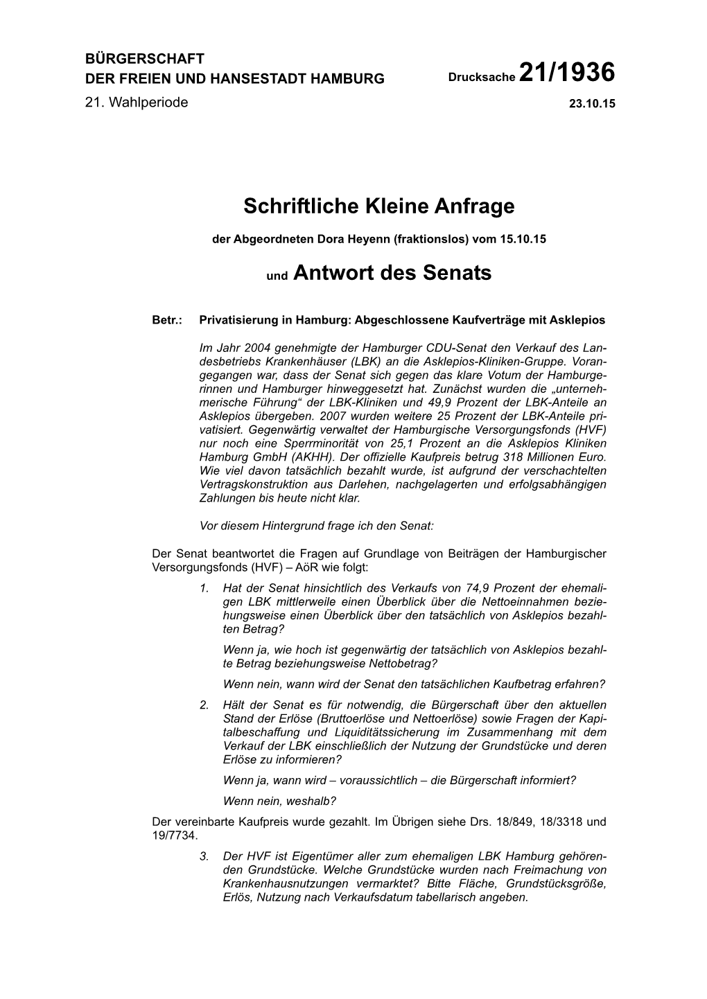 Schriftliche Kleine Anfrage Und Antwort Des Senats