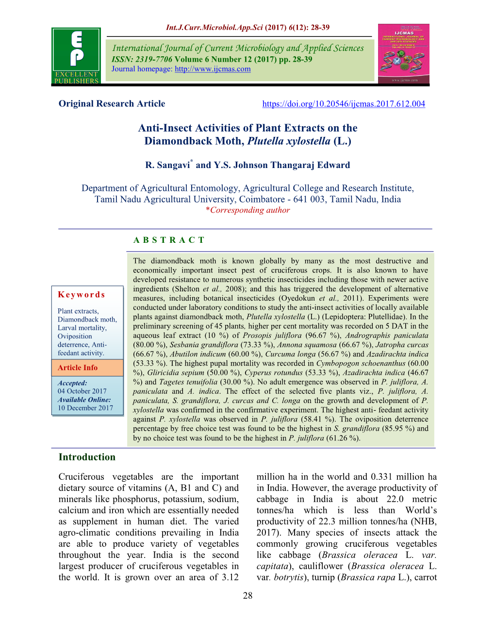 Anti-Insect Activities of Plant Extracts on the Diamondback Moth, Plutella Xylostella (L.)