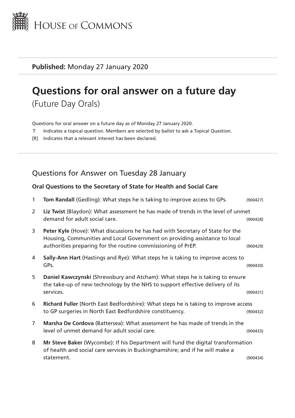 Future Oral Questions As of Mon 27 Jan 2020