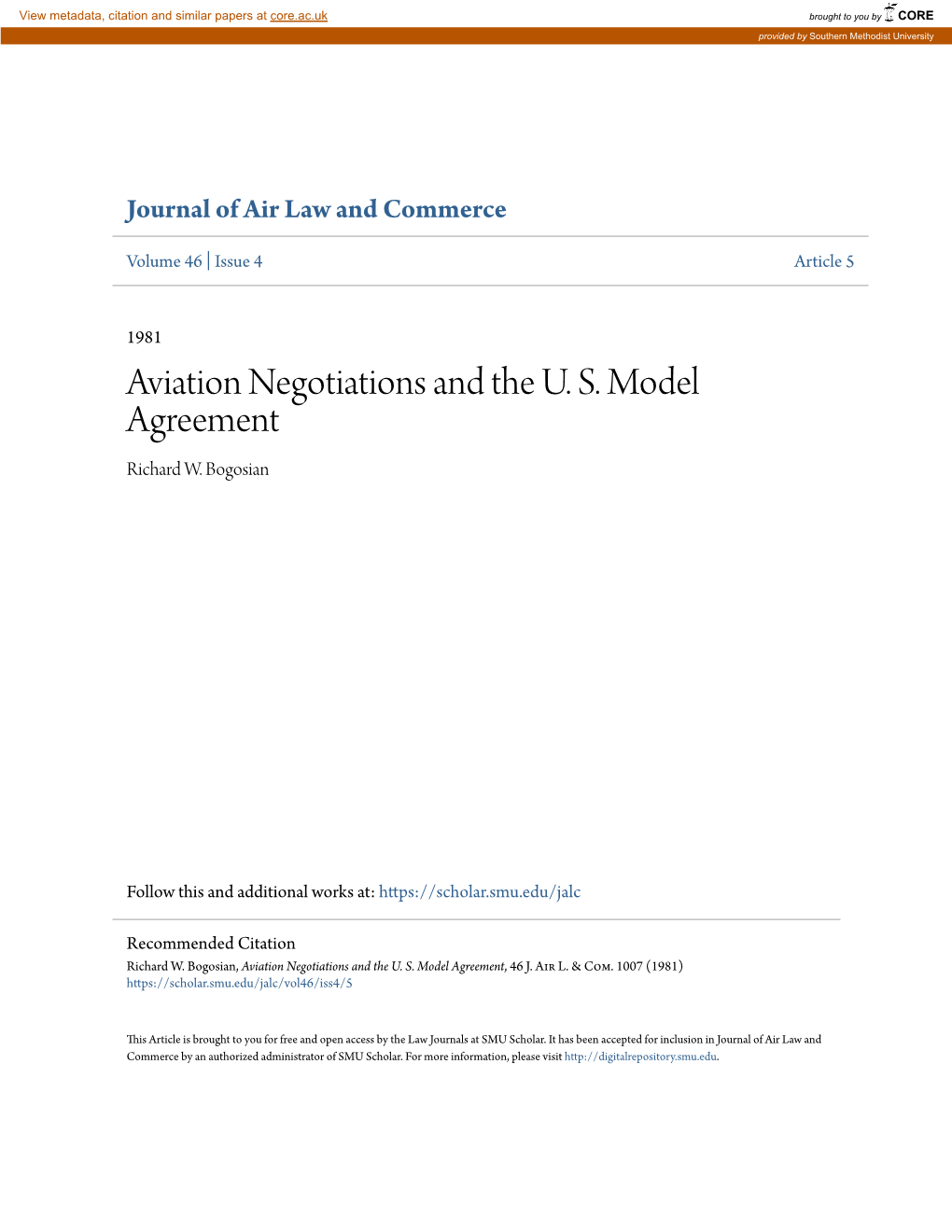 Aviation Negotiations and the U. S. Model Agreement Richard W