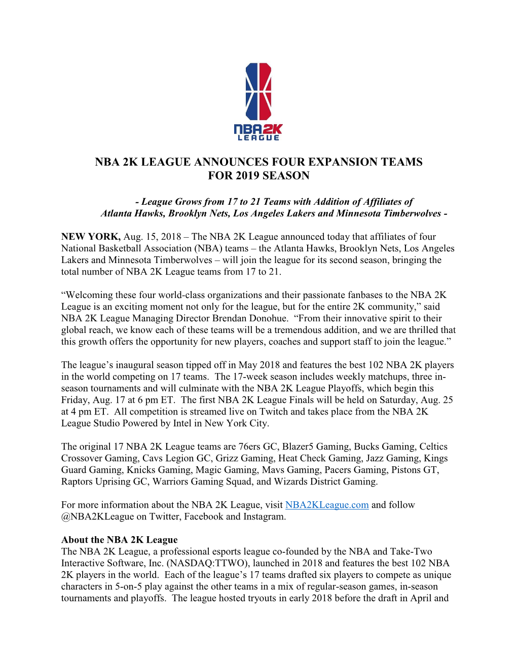 Nba 2K League Announces Four Expansion Teams for 2019 Season