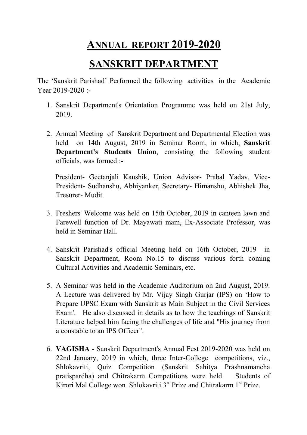 Annual Report 2019-2020 Sanskrit Department