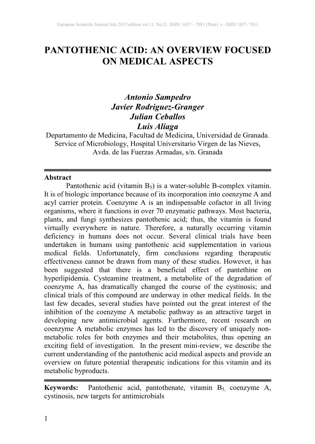 Pantothenic Acid: an Overview Focused on Medical Aspects