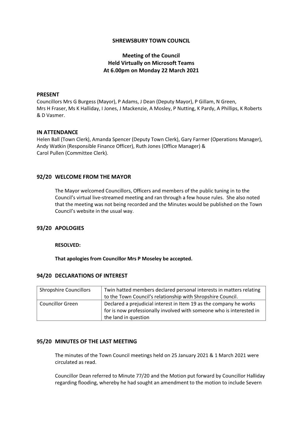 SHREWSBURY TOWN COUNCIL Meeting of the Council Held