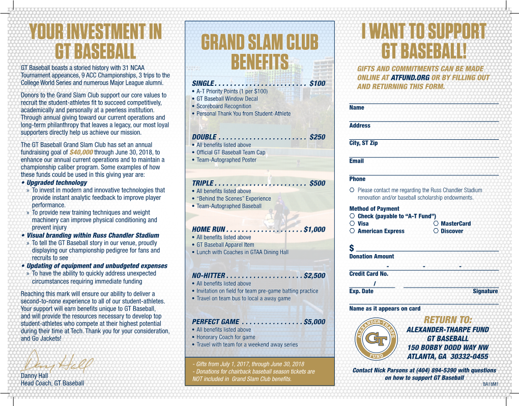 Your Investment in Gt Baseball Grand Slam Club