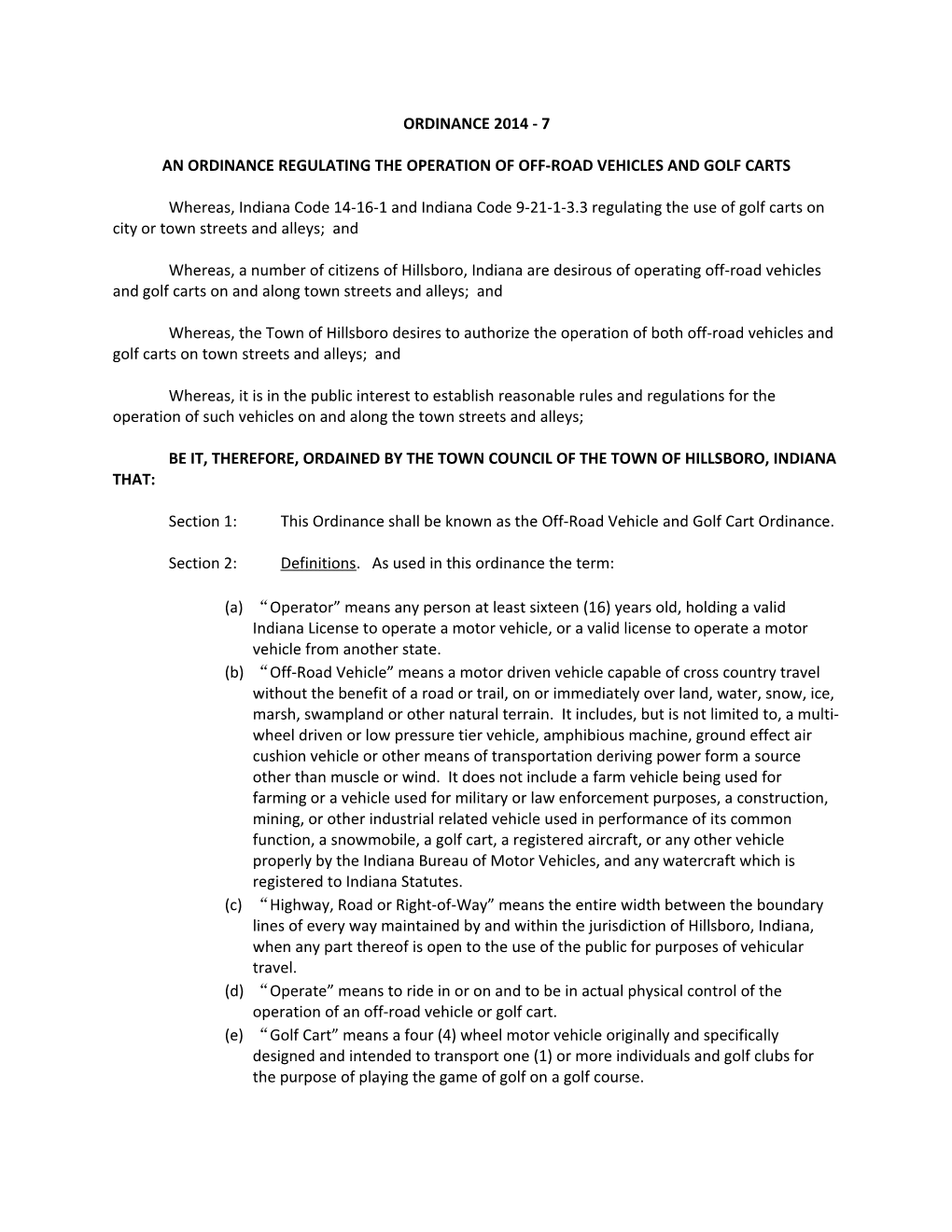 An Ordinance Regulating the Operation of Off-Road Vehicles and Golf Carts