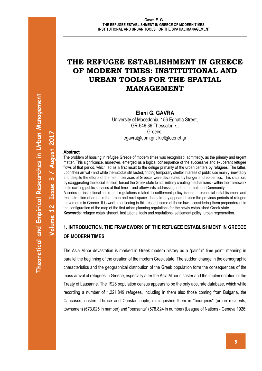 The Refugee Establishment in Greece of Modern Times: Institutional and Urban Tools for the Spatial Management