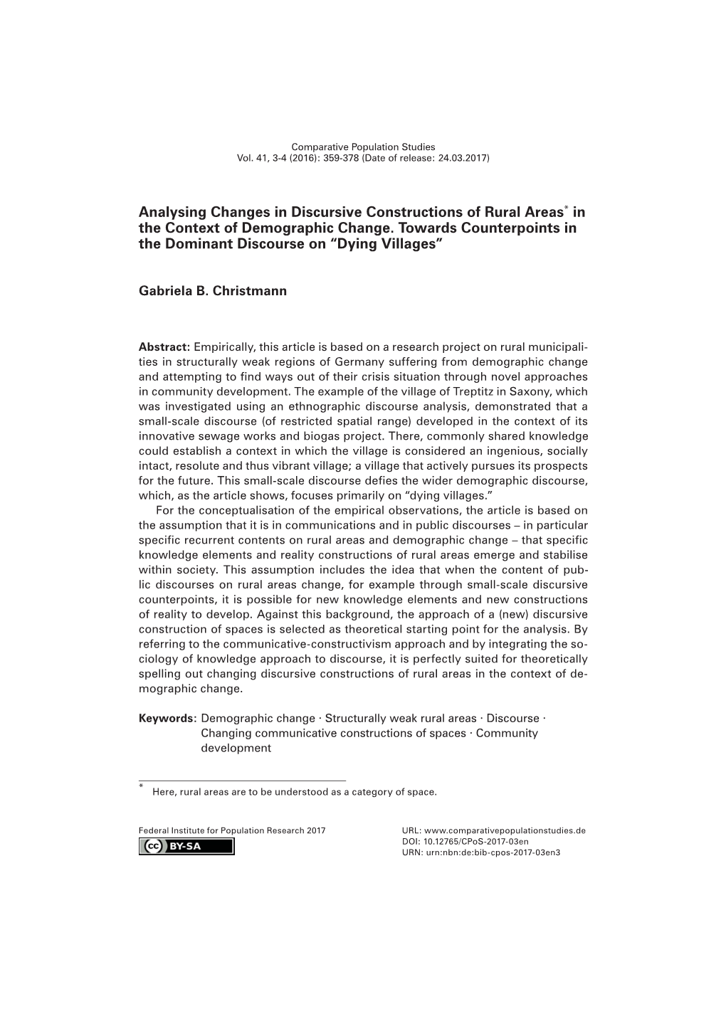 Analysing Changes in Discursive Constructions of Rural Areas* in the Context of Demographic Change